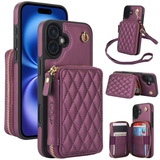 For iPhone 16 AwQuer Crossbody Zipper Wallet Rhombic Leather Back Phone Case(Dark Purple) - iPhone 16 Cases by Awquer | Online Shopping South Africa | PMC Jewellery | Buy Now Pay Later Mobicred