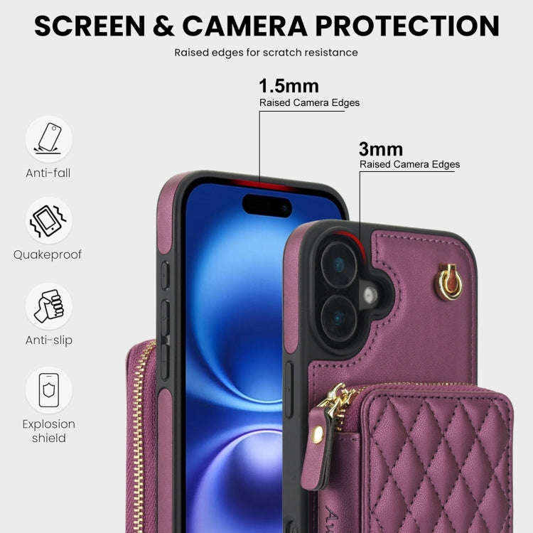 For iPhone 16 AwQuer Crossbody Zipper Wallet Rhombic Leather Back Phone Case(Dark Purple) - iPhone 16 Cases by Awquer | Online Shopping South Africa | PMC Jewellery | Buy Now Pay Later Mobicred