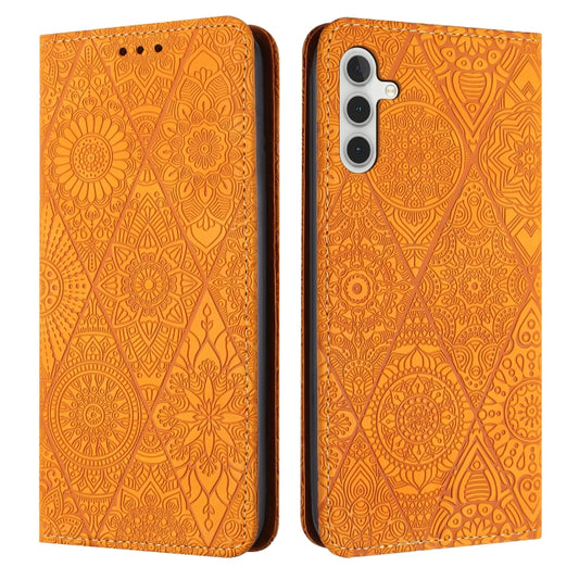 For Samsung Galaxy S25 5G Ethnic Embossed Adsorption Leather Phone Case(Yellow) - Galaxy S25 5G Cases by PMC Jewellery | Online Shopping South Africa | PMC Jewellery | Buy Now Pay Later Mobicred