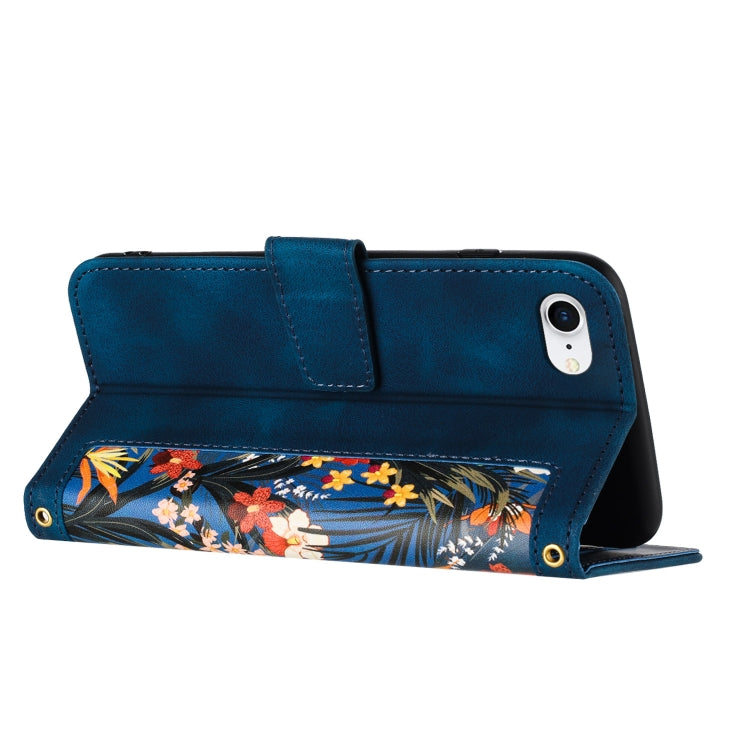 For iPhone 16e Floral Pattern Leather Phone Case with Lanyard(Dark Blue) - iPhone 16e Cases by PMC TechLife | Online Shopping South Africa | PMC TechLife | Buy Now Pay Later Mobicred