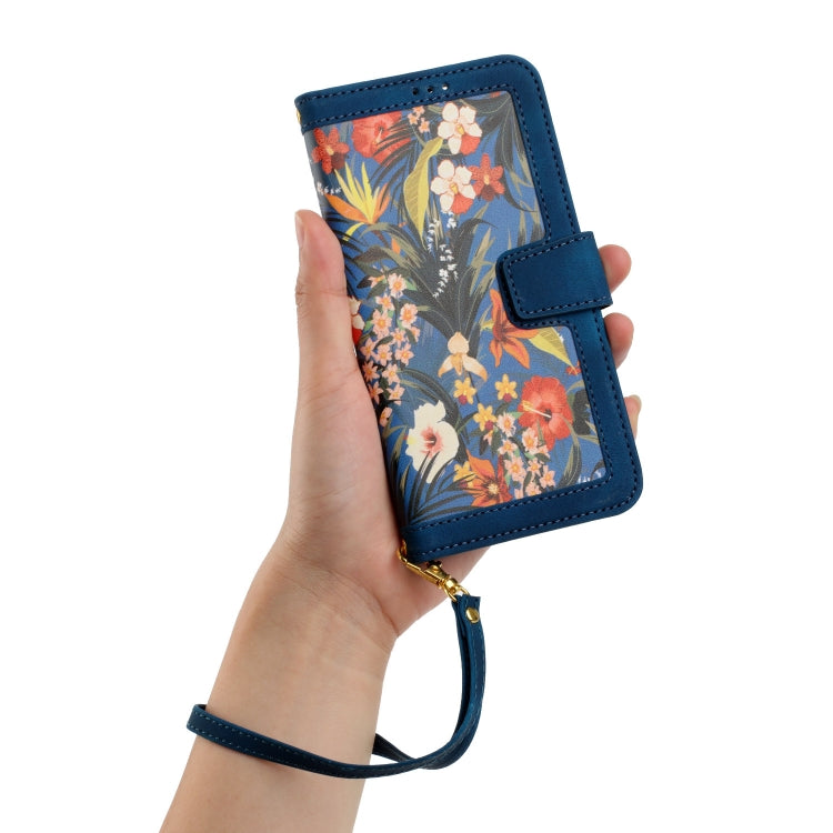 For iPhone 16e Floral Pattern Leather Phone Case with Lanyard(Dark Blue) - iPhone 16e Cases by PMC TechLife | Online Shopping South Africa | PMC TechLife | Buy Now Pay Later Mobicred