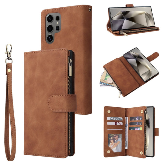 For Samsung Galaxy S25 Ultra 5G Multifunctional Frosted Zipper Wallet Leather Phone Case(Brown) - Galaxy S25 Ultra 5G Cases by PMC Jewellery | Online Shopping South Africa | PMC Jewellery | Buy Now Pay Later Mobicred