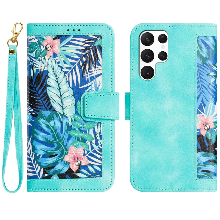 For Samsung Galaxy S25 Ultra 5G Floral Pattern Leather Phone Case with Lanyard(Green) - Galaxy S25 Ultra 5G Cases by PMC Jewellery | Online Shopping South Africa | PMC Jewellery | Buy Now Pay Later Mobicred