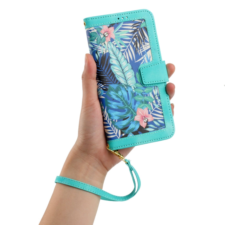 For Samsung Galaxy S25+ 5G Floral Pattern Leather Phone Case with Lanyard(Green) - Galaxy S25+ 5G Cases by PMC Jewellery | Online Shopping South Africa | PMC Jewellery | Buy Now Pay Later Mobicred