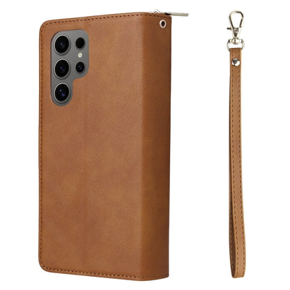 For Samsung Galaxy S25 Ultra 5G 9-Card Slots Zipper Wallet Bag Leather Phone Case(Brown) - Galaxy S25 Ultra 5G Cases by PMC Jewellery | Online Shopping South Africa | PMC Jewellery | Buy Now Pay Later Mobicred