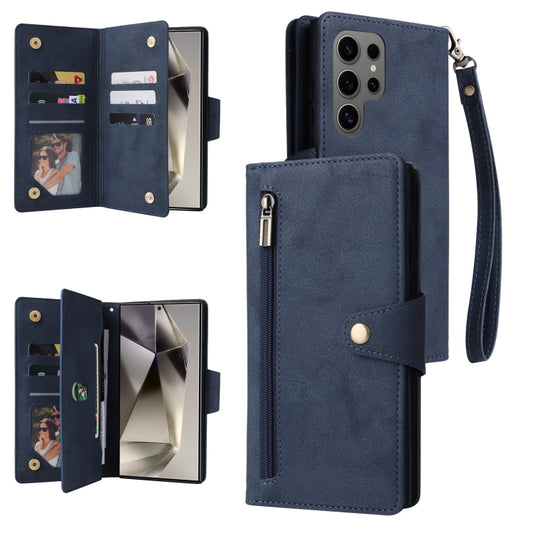 For Samsung Galaxy S25 Ultra 5G Rivet Buckle 9 Cards Three Fold Leather Phone Case(Blue) - Galaxy S25 Ultra 5G Cases by PMC Jewellery | Online Shopping South Africa | PMC Jewellery | Buy Now Pay Later Mobicred