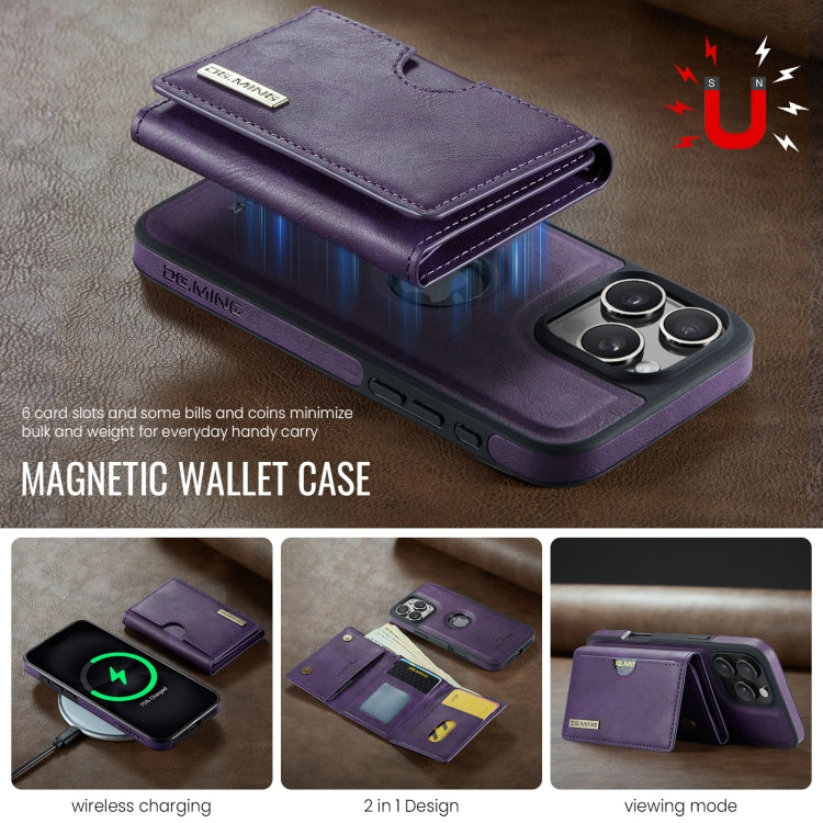 For iPhone 16 Pro DG.MING M6 Series RFID Tri-fold Card Bag Removable Leather Phone Case(Purple) - iPhone 16 Pro Cases by DG.MING | Online Shopping South Africa | PMC Jewellery | Buy Now Pay Later Mobicred