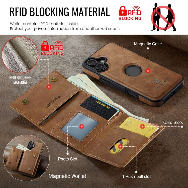 For iPhone 16 DG.MING M6 Series RFID Tri-fold Card Bag Removable Leather Phone Case(Brown) - free shipping - PMC Jewellery - Order now!