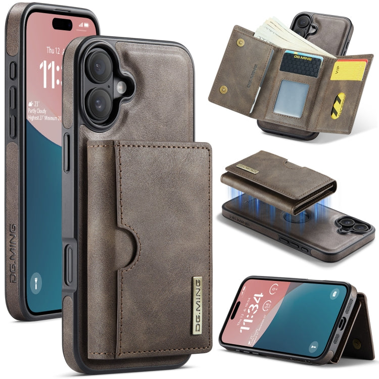 For iPhone 16 DG.MING M6 Series RFID Tri-fold Card Bag Removable Leather Phone Case(Coffee) - iPhone 16 Cases by DG.MING | Online Shopping South Africa | PMC Jewellery | Buy Now Pay Later Mobicred