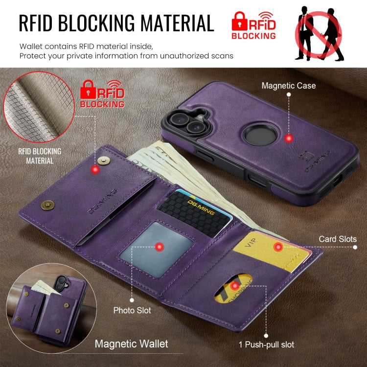 For iPhone 16 DG.MING M6 Series RFID Tri-fold Card Bag Removable Leather Phone Case(Purple) - iPhone 16 Cases by DG.MING | Online Shopping South Africa | PMC Jewellery | Buy Now Pay Later Mobicred