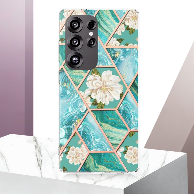 For Samsung Galaxy S25 Ultra 5G Splicing Marble Flower IMD TPU Phone Case(Blue Flower) - Galaxy S25 Ultra 5G Cases by PMC Jewellery | Online Shopping South Africa | PMC Jewellery | Buy Now Pay Later Mobicred