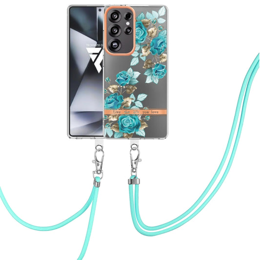 For Samsung Galaxy S25 Ultra 5G Flowers and Plants Series IMD TPU Phone Case with Lanyard(Blue Rose) - Galaxy S25 Ultra 5G Cases by PMC Jewellery | Online Shopping South Africa | PMC Jewellery | Buy Now Pay Later Mobicred