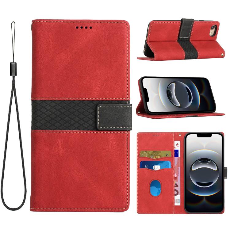 For iPhone 16e Grid Stitching Leather Phone Case with Lanyard(Red) - free shipping - PMC TechLife - Order now!