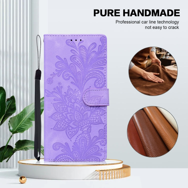 For Samsung Galaxy S25+ 5G Lace Floral Embossed Magnetic Buckle PU Phone Case With Wrist Strap(Purple) - Galaxy S25+ 5G Cases by PMC Jewellery | Online Shopping South Africa | PMC Jewellery | Buy Now Pay Later Mobicred