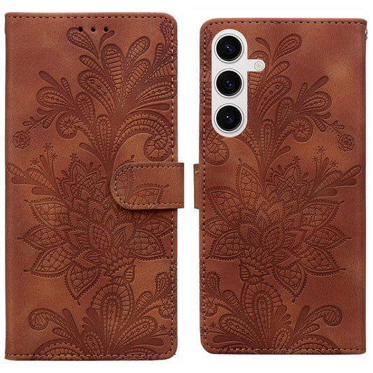 For Samsung Galaxy S25+ 5G Lace Floral Embossed Magnetic Buckle PU Phone Case With Wrist Strap(Brown) - Galaxy S25+ 5G Cases by PMC Jewellery | Online Shopping South Africa | PMC Jewellery | Buy Now Pay Later Mobicred