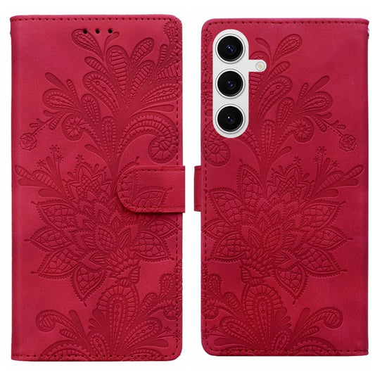 For Samsung Galaxy S25 5G Lace Floral Embossed Magnetic Buckle PU Phone Case With Wrist Strap(Red) - Galaxy S25 5G Cases by PMC Jewellery | Online Shopping South Africa | PMC Jewellery | Buy Now Pay Later Mobicred