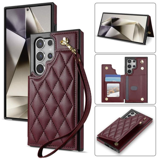 For Samsung Galaxy S25 Ultra 5G Rhombic Dual Buckle Card Slots Phone Case with Lanyard(Wine Red) - Galaxy S25 Ultra 5G Cases by PMC Jewellery | Online Shopping South Africa | PMC Jewellery | Buy Now Pay Later Mobicred