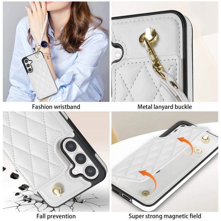 For Samsung Galaxy S25 5G Rhombic Dual Buckle Card Slots Phone Case with Lanyard(White) - Galaxy S25 5G Cases by PMC Jewellery | Online Shopping South Africa | PMC Jewellery | Buy Now Pay Later Mobicred