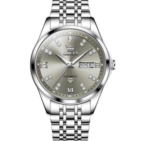 OLEVS 9801 Men Diamond Waterproof Dual Calendar Mechanical Watch(Grey) - Metal Strap Watches by OLEVS | Online Shopping South Africa | PMC Jewellery | Buy Now Pay Later Mobicred