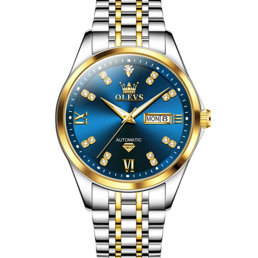 OLEVS 9801 Men Diamond Waterproof Dual Calendar Mechanical Watch(Blue Gold) - Metal Strap Watches by OLEVS | Online Shopping South Africa | PMC Jewellery | Buy Now Pay Later Mobicred