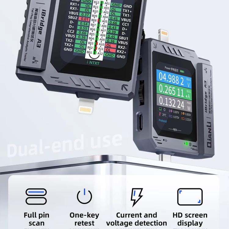 Qianli iBridge A3 Tail Plug Comprehensive Analysis Tester for Lightning & Type-C Interface Devices - free shipping - PMC TechLife - Order now!