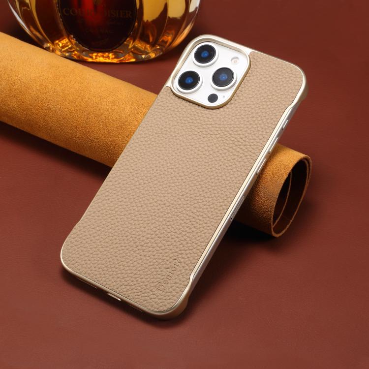 For iPhone 15 Plus / 14 Plus Denior A20 Genuine Leather Litchi Texture MagSafe Frameless Phone Case(Khaki) - free shipping - PMc TechLife - Order now!
