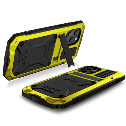 For iPhone 12 Pro Max R-JUST Shockproof Waterproof Dust-proof Metal + Silicone Protective Case with Holder(Yellow) - iPhone 12 Pro Max Cases by R-JUST | Online Shopping South Africa | PMC Jewellery | Buy Now Pay Later Mobicred