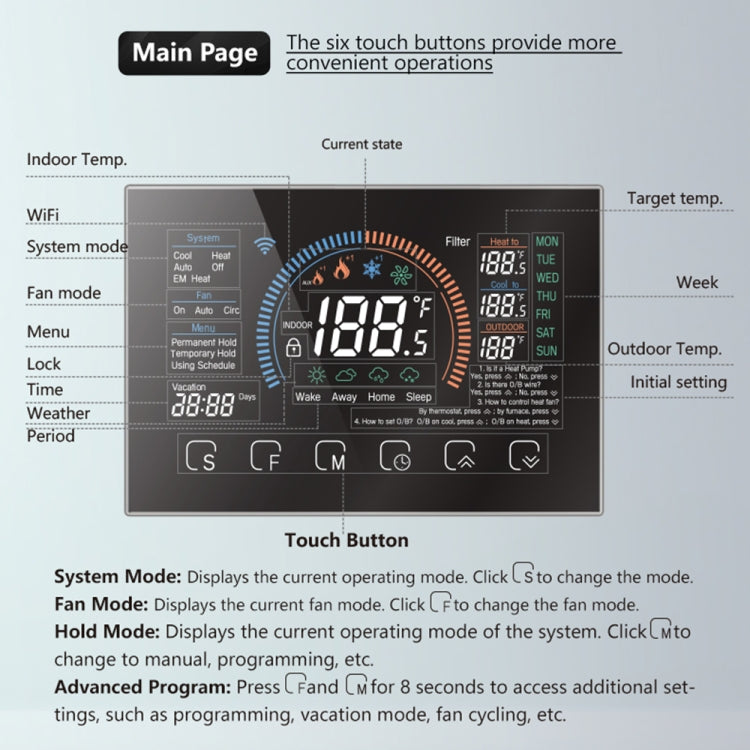 BHP-8000-SS 3H2C Smart Home Heat Pump Round Room Brushed Mirror Housing Thermostat without WiFi, AC 24V - Thermostat & Thermometer by PMC Jewellery | Online Shopping South Africa | PMC Jewellery | Buy Now Pay Later Mobicred