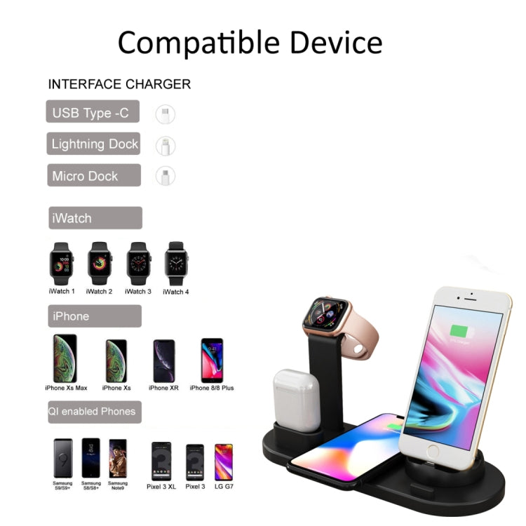 HQ-UD15 5 in 1 8 Pin + Micro USB + USB-C / Type-C Interfaces + 8 Pin Earphone Charging Interface + Wireless Charging Charger Base with Watch Stand (Black) - Multifunction Charger by PMC Jewellery | Online Shopping South Africa | PMC Jewellery | Buy Now Pay Later Mobicred