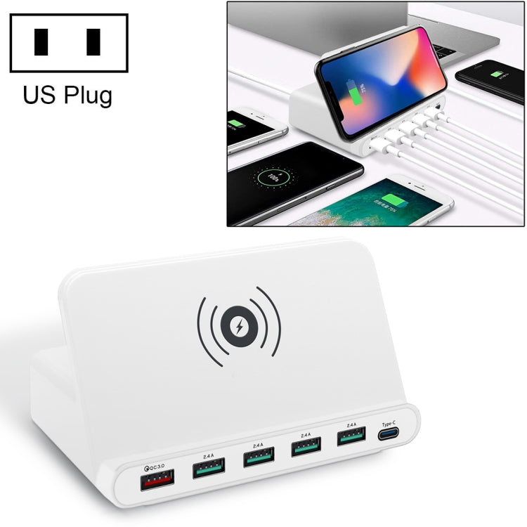 828W 7 in 1 60W QC 3.0 USB Interface + 4 USB Ports + USB-C / Type-C Interface + Wireless Charging Multi-function Charger with Mobile Phone Holder Function, US Plug(White) - free shipping - PMC Jewellery - Order now!