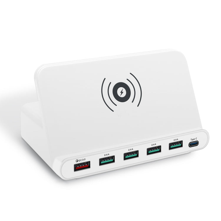 828W 7 in 1 60W QC 3.0 USB Interface + 4 USB Ports + USB-C / Type-C Interface + Wireless Charging Multi-function Charger with Mobile Phone Holder Function, US Plug(White) - free shipping - PMC Jewellery - Order now!