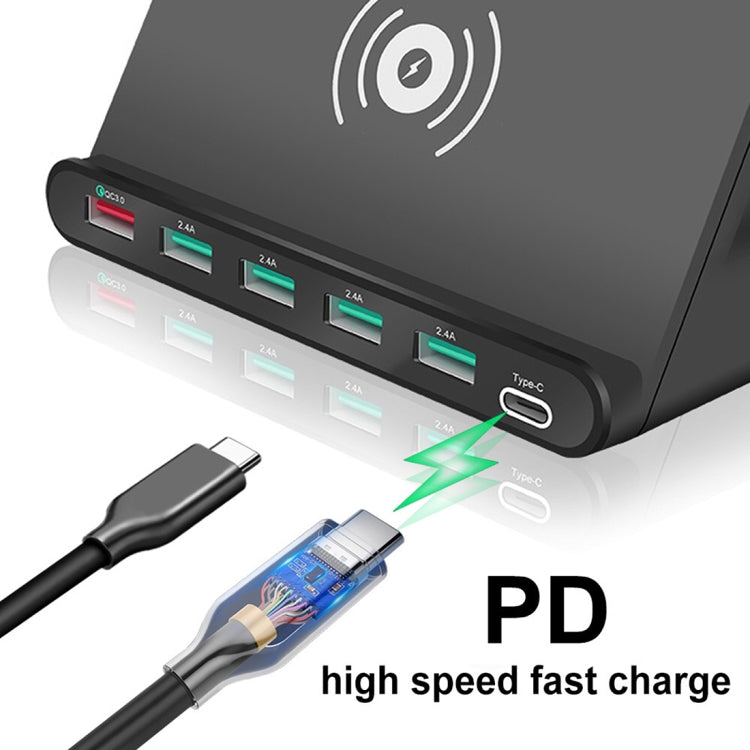 828W 7 in 1 60W QC 3.0 USB Interface + 4 USB Ports + USB-C / Type-C Interface + Wireless Charging Multi-function Charger with Mobile Phone Holder Function, US Plug(White) - free shipping - PMC Jewellery - Order now!