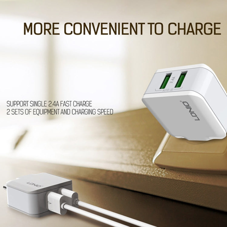 LDNIO A2201 2.4A Dual USB Charging Head Travel Direct Charge Mobile Phone Adapter Charger With 8 Pin Data Cable (US Plug) - USB Charger by LDNIO | Online Shopping South Africa | PMC Jewellery | Buy Now Pay Later Mobicred