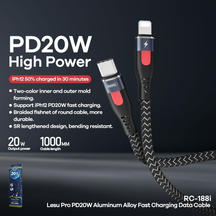 REMAX RC-188i Lesu Pro 1m PD20W Type-C to 8 Pin Aluminum Alloy Braid Fast Charging Data Cable(Black) - Normal Style Cable by REMAX | Online Shopping South Africa | PMC Jewellery | Buy Now Pay Later Mobicred