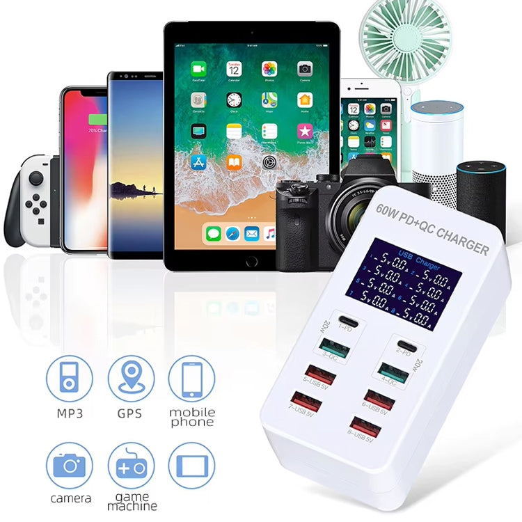 A8T 60W 8 Ports USB + QC3.0 + PD Type-C Smart Charging Station with Digital Display AC100-240V, EU Plug - Multifunction Charger by PMC Jewellery | Online Shopping South Africa | PMC Jewellery | Buy Now Pay Later Mobicred