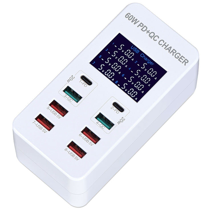 A8T 60W 8 Ports USB + QC3.0 + PD Type-C Smart Charging Station with Digital Display AC100-240V, UK Plug - Multifunction Charger by PMC Jewellery | Online Shopping South Africa | PMC Jewellery | Buy Now Pay Later Mobicred