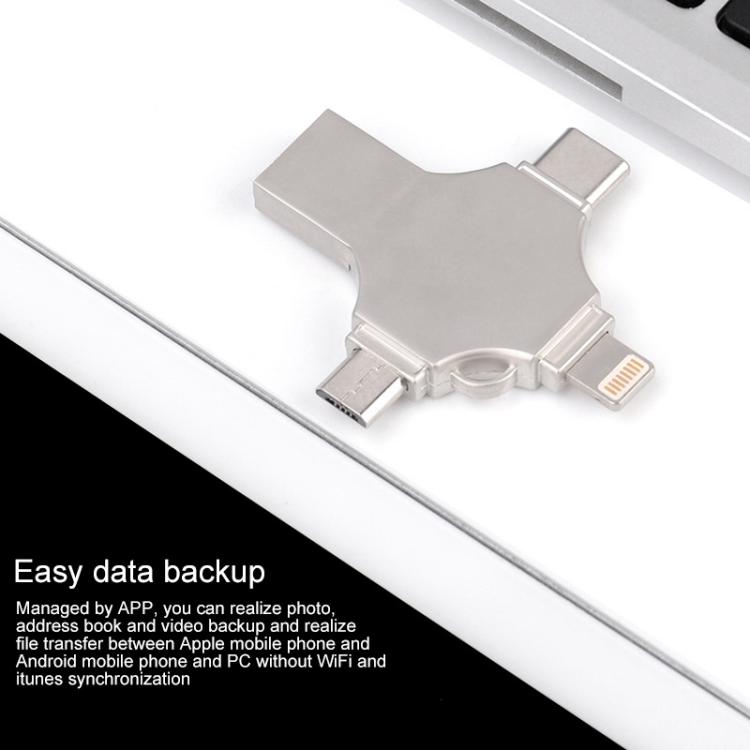 Cross 4 in 1 32GB 8 Pin + Micro USB + USB-C / Type-C + USB 3.0 Metal Flash Disk(Silver) - USB Flash Drives by PMC Jewellery | Online Shopping South Africa | PMC Jewellery | Buy Now Pay Later Mobicred