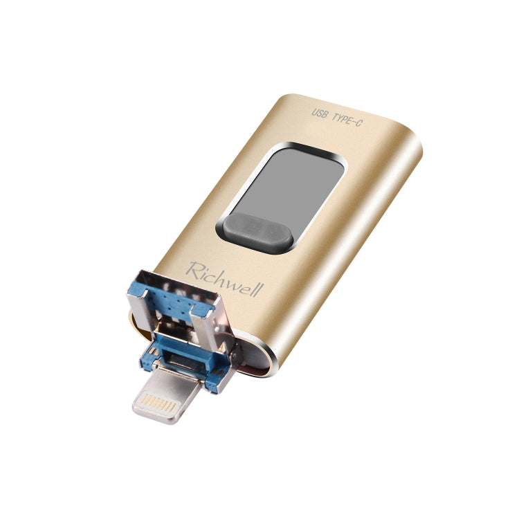 Richwell 3 in 1 32G Type-C + 8 Pin + USB 3.0 Metal Push-pull Flash Disk with OTG Function(Gold) - U Disk & Card Reader by Richwell | Online Shopping South Africa | PMC Jewellery | Buy Now Pay Later Mobicred