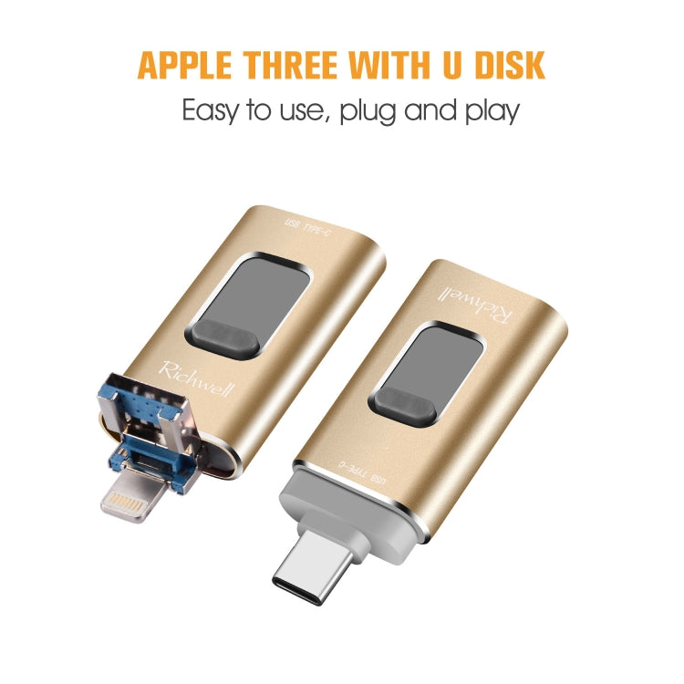 Richwell 3 in 1 64G Type-C + 8 Pin + USB 3.0 Metal Push-pull Flash Disk with OTG Function(Gold) - U Disk & Card Reader by Richwell | Online Shopping South Africa | PMC Jewellery | Buy Now Pay Later Mobicred