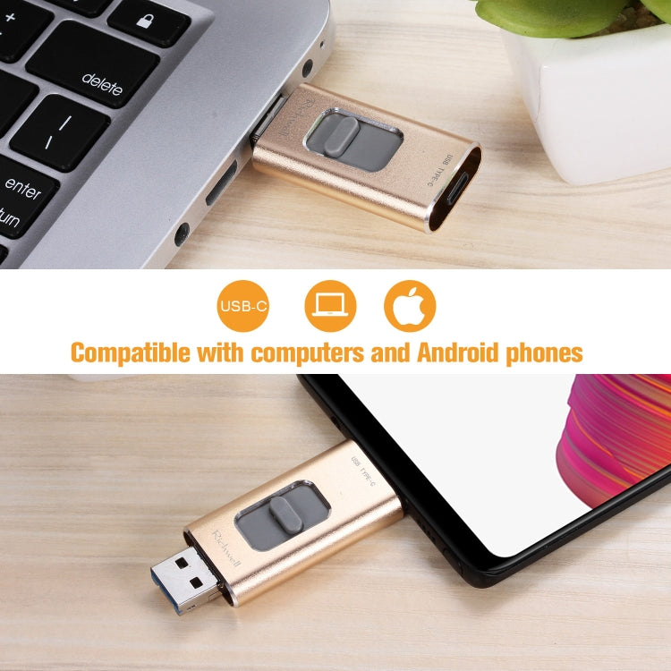 Richwell 3 in 1 64G Type-C + 8 Pin + USB 3.0 Metal Push-pull Flash Disk with OTG Function(Gold) - U Disk & Card Reader by Richwell | Online Shopping South Africa | PMC Jewellery | Buy Now Pay Later Mobicred