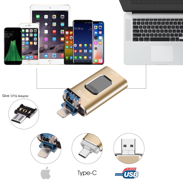 Richwell 3 in 1 64G Type-C + 8 Pin + USB 3.0 Metal Push-pull Flash Disk with OTG Function(Silver) - free shipping - PMC Jewellery - Order now!