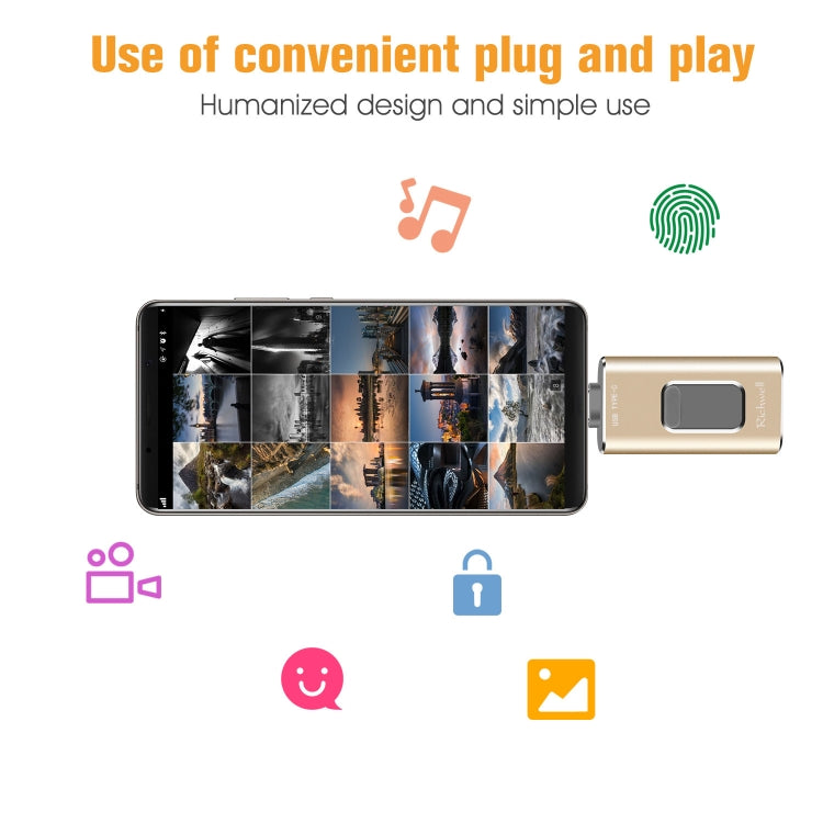 Richwell 3 in 1 128G Type-C + 8 Pin + USB 3.0 Metal Push-pull Flash Disk with OTG Function(Black) - free shipping - PMC Jewellery - Order now!