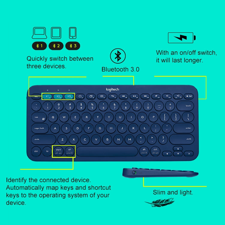 Logitech K380 Portable Multi-Device Wireless Bluetooth Keyboard (Blue) - Wireless Keyboard by Logitech | Online Shopping South Africa | PMC Jewellery | Buy Now Pay Later Mobicred