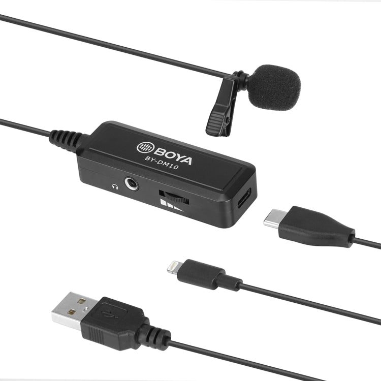 BOYA BY-DM10 USB / 8 Pin Plug Broadcast Lavalier Microphone with Windscreen, Cable Length: 6m(Black) - Camera Microphone by BOYA | Online Shopping South Africa | PMC Jewellery | Buy Now Pay Later Mobicred