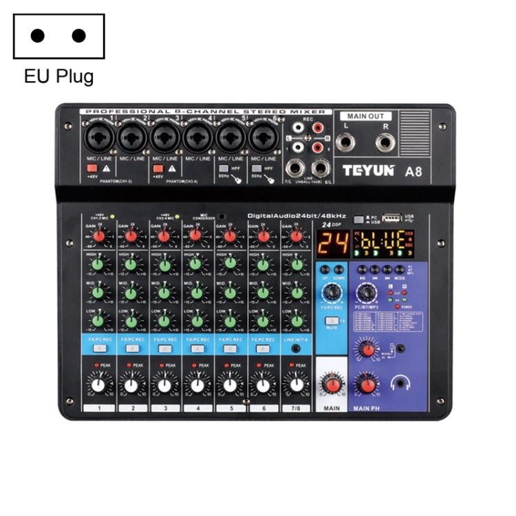 TEYUN NA8 8-channel Small Mixing Console Mobile Phone Sound Card Live Broadcast Computer Recording Console Processor, EU Plug(Black) - Live Sound Effects Processors by TEYUN | Online Shopping South Africa | PMC Jewellery | Buy Now Pay Later Mobicred