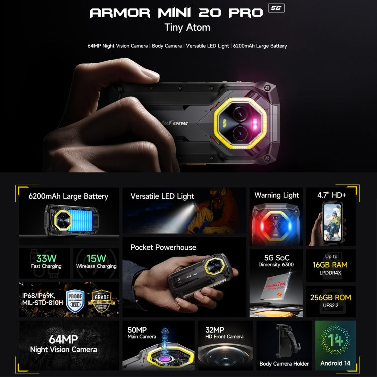 Ulefone Armor Mini 20 Pro, 8GB+256GB, IP68/IP69K Rugged Phone, 4.7 inch Android 14 MediaTek Dimensity 6300 5G Octa Core, Network: 5G, NFC, OTG (Mecha Black) - Ulefone by Ulefone | Online Shopping South Africa | PMC Jewellery | Buy Now Pay Later Mobicred