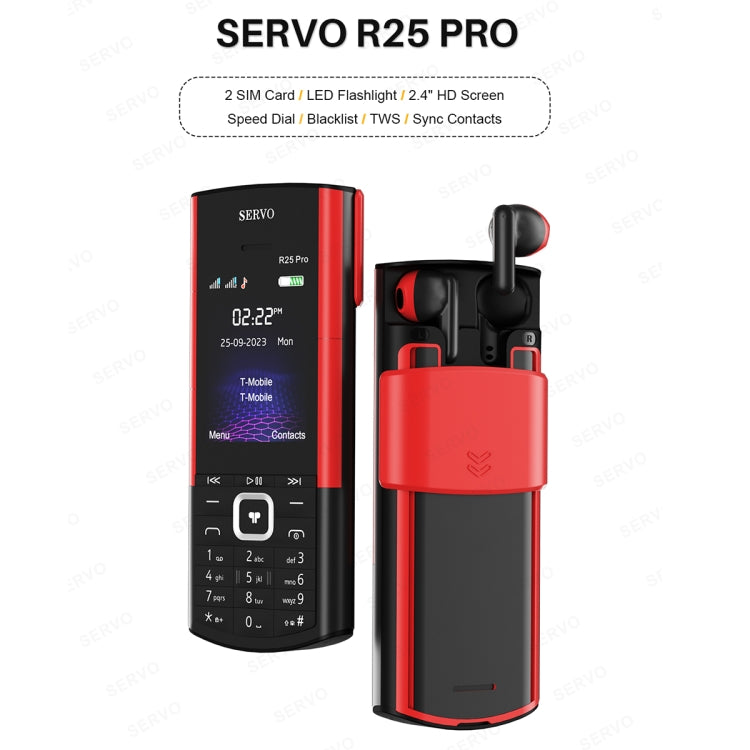 SERVO R25 Pro Mobile Phone with TWS Bluetooth Headsets, 2.4 inch, 24 Keys, Support Bluetooth, Quick Dial, Auto Response, FM, Flashlight, GSM, Dual SIM (Black Red) - SERVO by SERVO | Online Shopping South Africa | PMC Jewellery | Buy Now Pay Later Mobicred