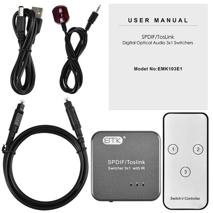 EMK SPDIF/TosLink Digital Optical Audio 3x1 Switcher with IR Controller (Grey) - Audio Signal Switcher by EMK | Online Shopping South Africa | PMC Jewellery | Buy Now Pay Later Mobicred