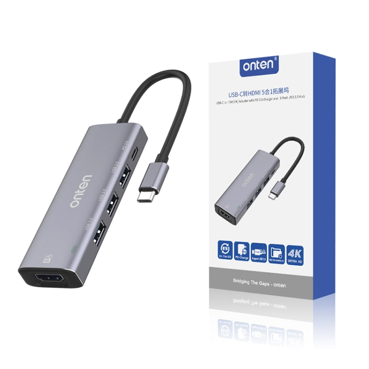 Onten OT-95123 5 in 1 Multifunctional Type-C + USB + HDMI Docking Station, Cable Length: 145mm(Silver) - USB HUB by Onten | Online Shopping South Africa | PMC Jewellery | Buy Now Pay Later Mobicred