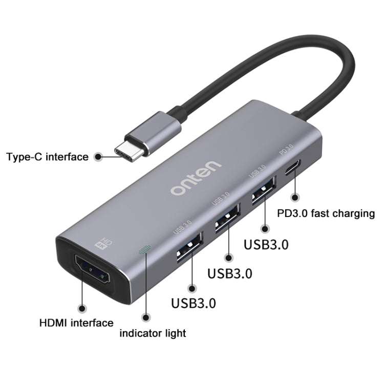 Onten OT-95123 5 in 1 Multifunctional Type-C + USB + HDMI Docking Station, Cable Length: 145mm(Silver) - USB HUB by Onten | Online Shopping South Africa | PMC Jewellery | Buy Now Pay Later Mobicred